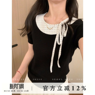 新款 T恤女2026春季 拼接设计感针织上衣 娃娃领短袖 韩系休闲风时尚