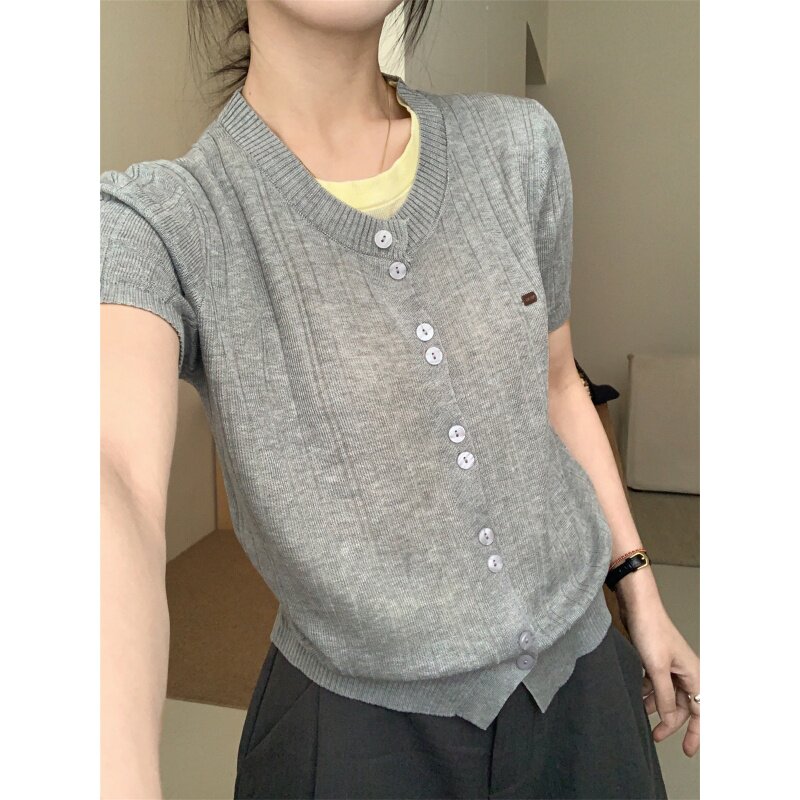 韩系休闲风假两件针织曲麻短袖女2026新款设计感撞色时尚百搭上衣