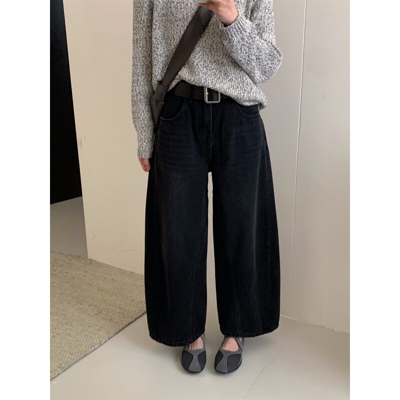 韩系休闲风九分腰带牛仔气球裤女2026春季新款高腰显瘦垂感直筒裤