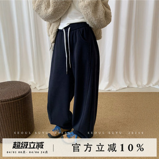 休闲条纹抽绳加绒束脚卫裤 新款 宽松直筒垂感显瘦阔腿裤 女2025冬季