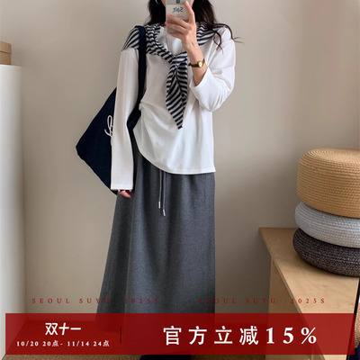 休闲百搭长袖T恤披肩半裙套装女