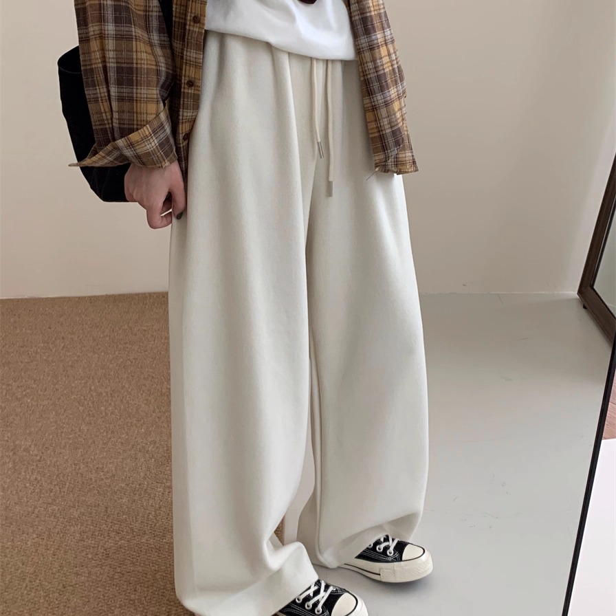 休闲风抽绳松紧腰羊绒直筒裤