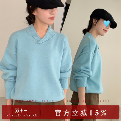 韩版时尚简约青果领套头针织衫女