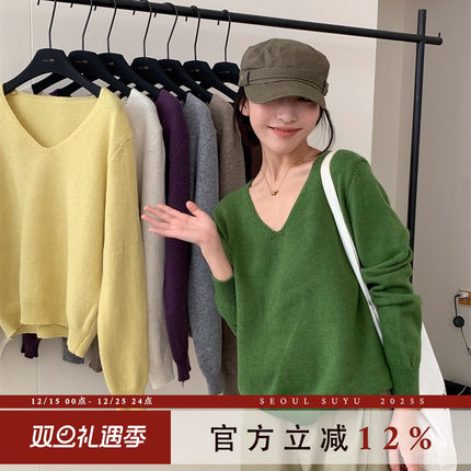 休闲风气质简约v领浣熊毛衣女2025秋季新款百搭显瘦长袖针织上衣