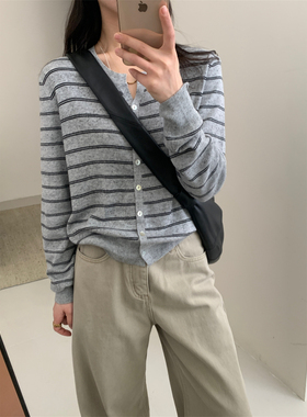 韩系慵懒风条纹针织开衫女2026春季新款时髦设计感修身显瘦上衣潮