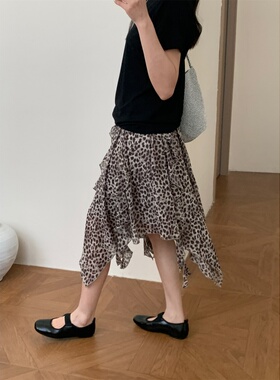 韩版设计感不规则豹纹半身裙女2026新款时髦百搭显瘦荷叶边中长裙
