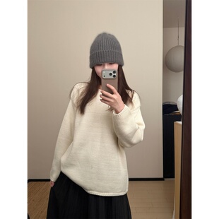 韩系简约慵懒气质粗针套头毛衣女2026秋季宽松针织衫毛衣罩衫上衣