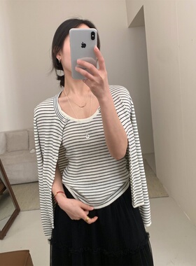 韩版针织条纹背心开衫两件套女2026春新款设计感休闲百搭通勤套装