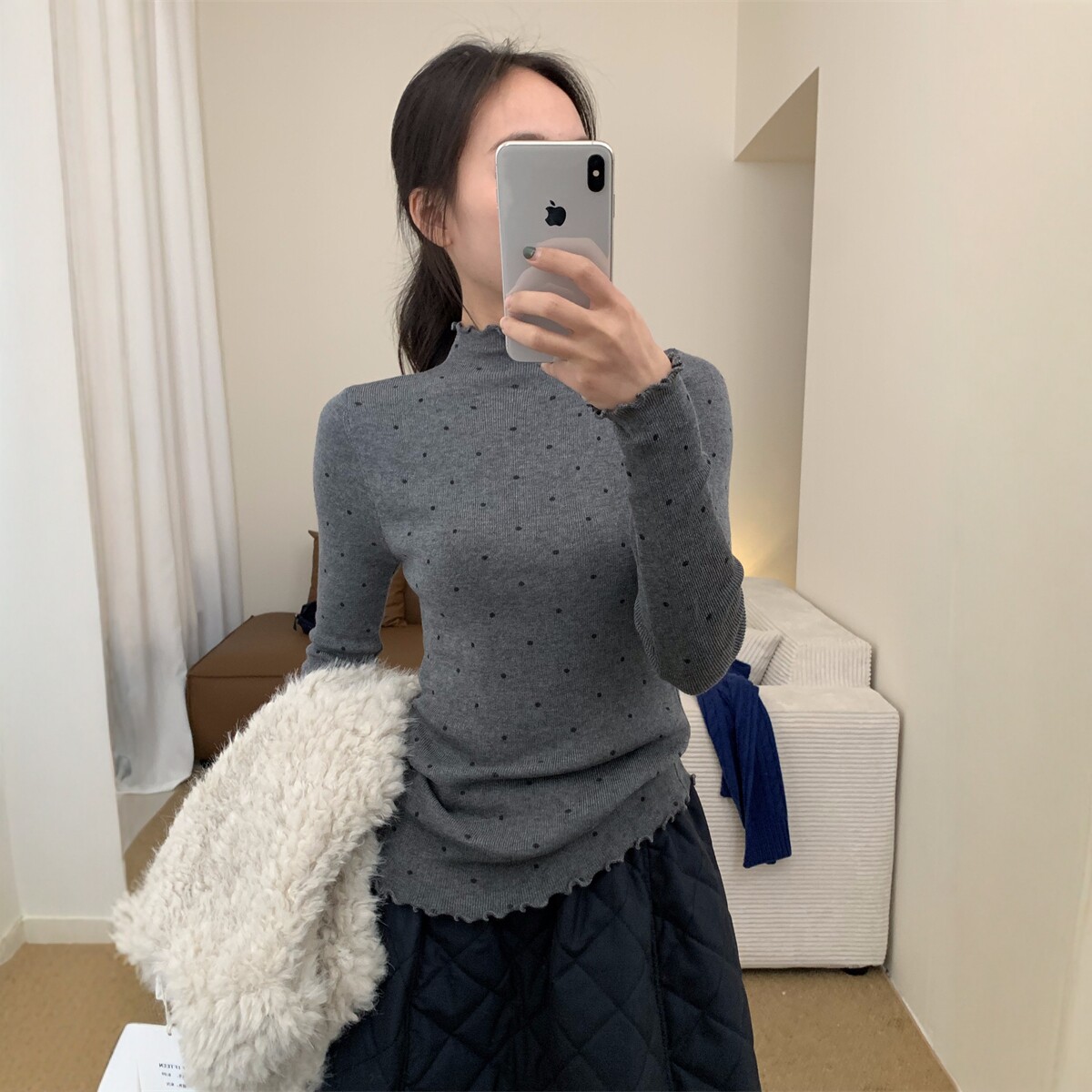 韩版设计感波点高领打底衫女2026春新款修身显瘦百搭内搭套头毛衣