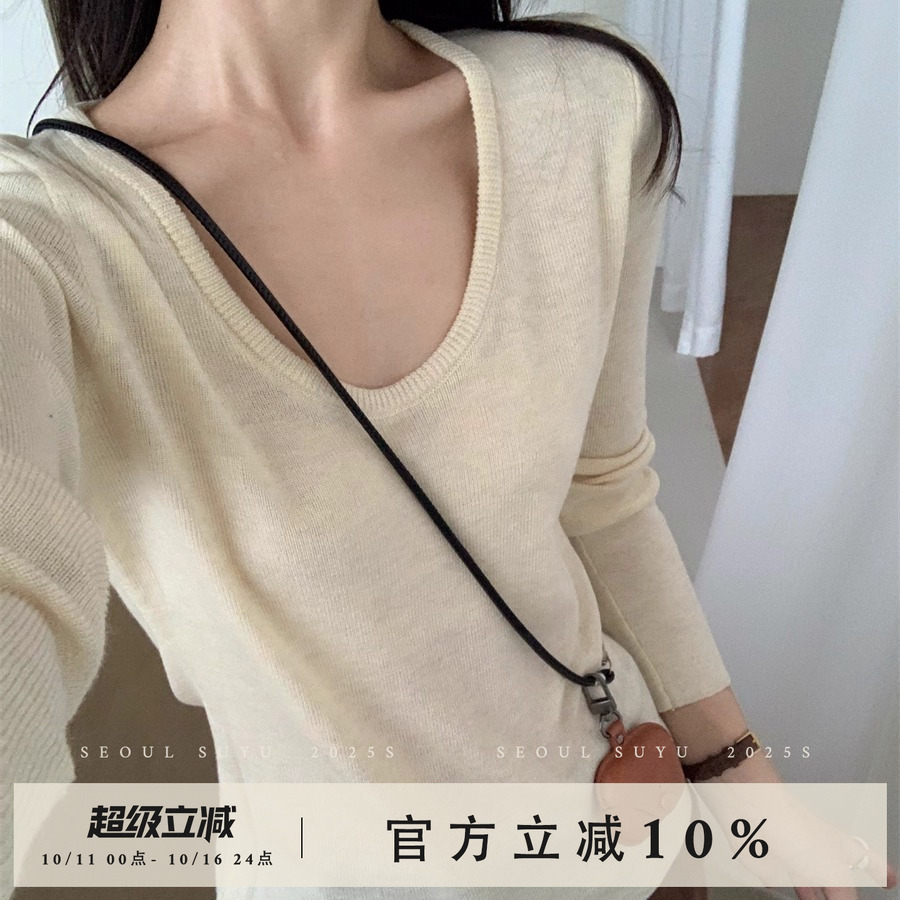 时尚简约纯色U领针织衫套头上衣
