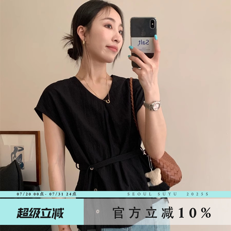 韩版v领小飞袖腰带衬衫女2025夏季新款时尚百搭气质显瘦打底上衣