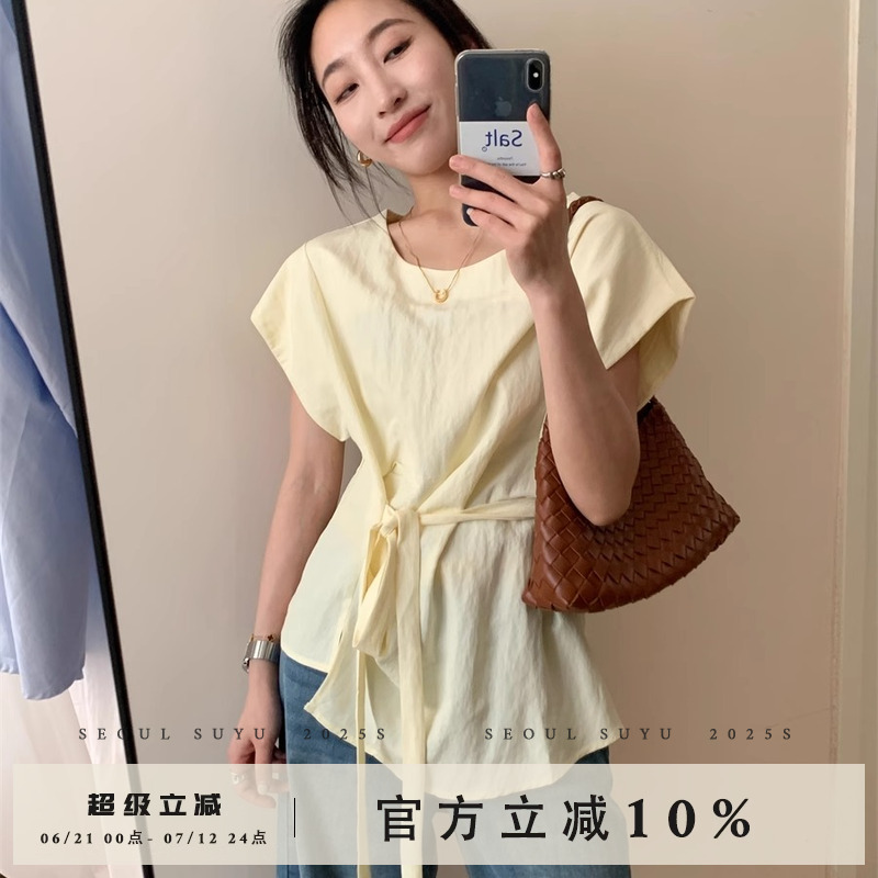 韩版设计感腰带短袖衬衫女2025夏季新款系带设计气质收腰显瘦上衣