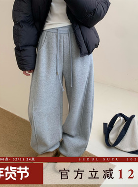 韩版直筒休闲加绒束脚卫裤女2025冬季新款时尚百搭简约纯色阔腿裤