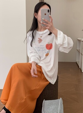 韩系休闲风时尚印花长袖T恤女2026夏季新款宽松慵懒百搭圆领上衣