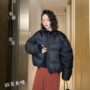 欧尼家显瘦拼接棒球羽绒服女2023新款极简风小众设计白鸭绒外套