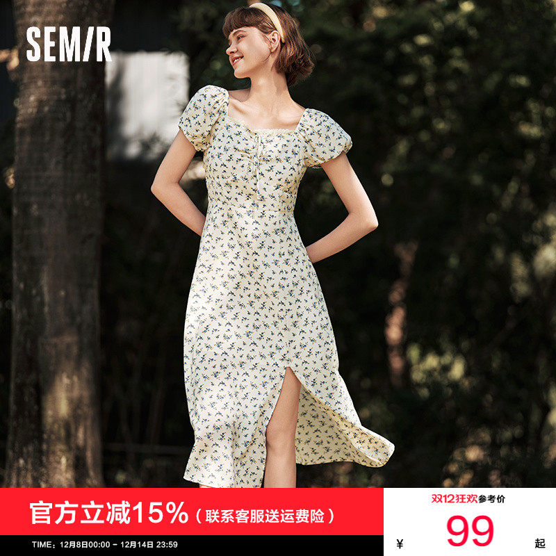 森马连衣裙女开叉泡泡袖中长裙2025夏季新款方领裙子雪纺碎花裙潮