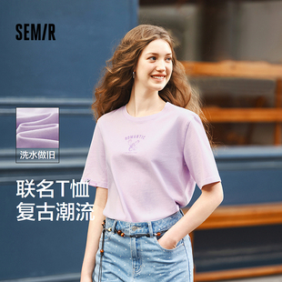 森马大力水手联名短袖T恤女图案潮流趣味夏季宽松做旧衣服复古风