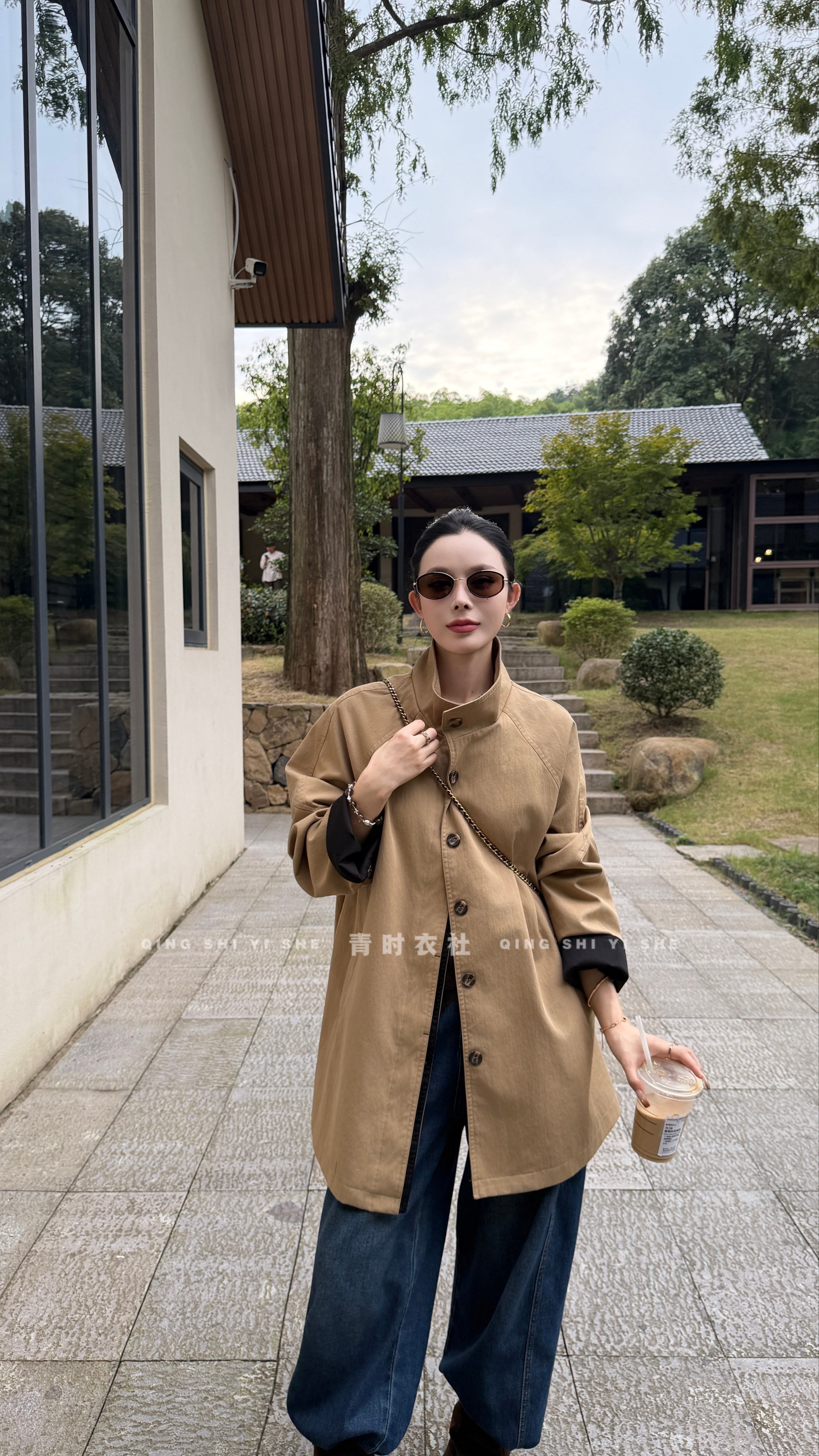 韩版时尚立领撞色休闲中长款风衣女秋季宽松显瘦单排扣外套 87028