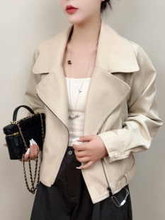 春季新款韩版气质百搭显瘦翻领短款皮衣外套女机车夹克上衣 57001