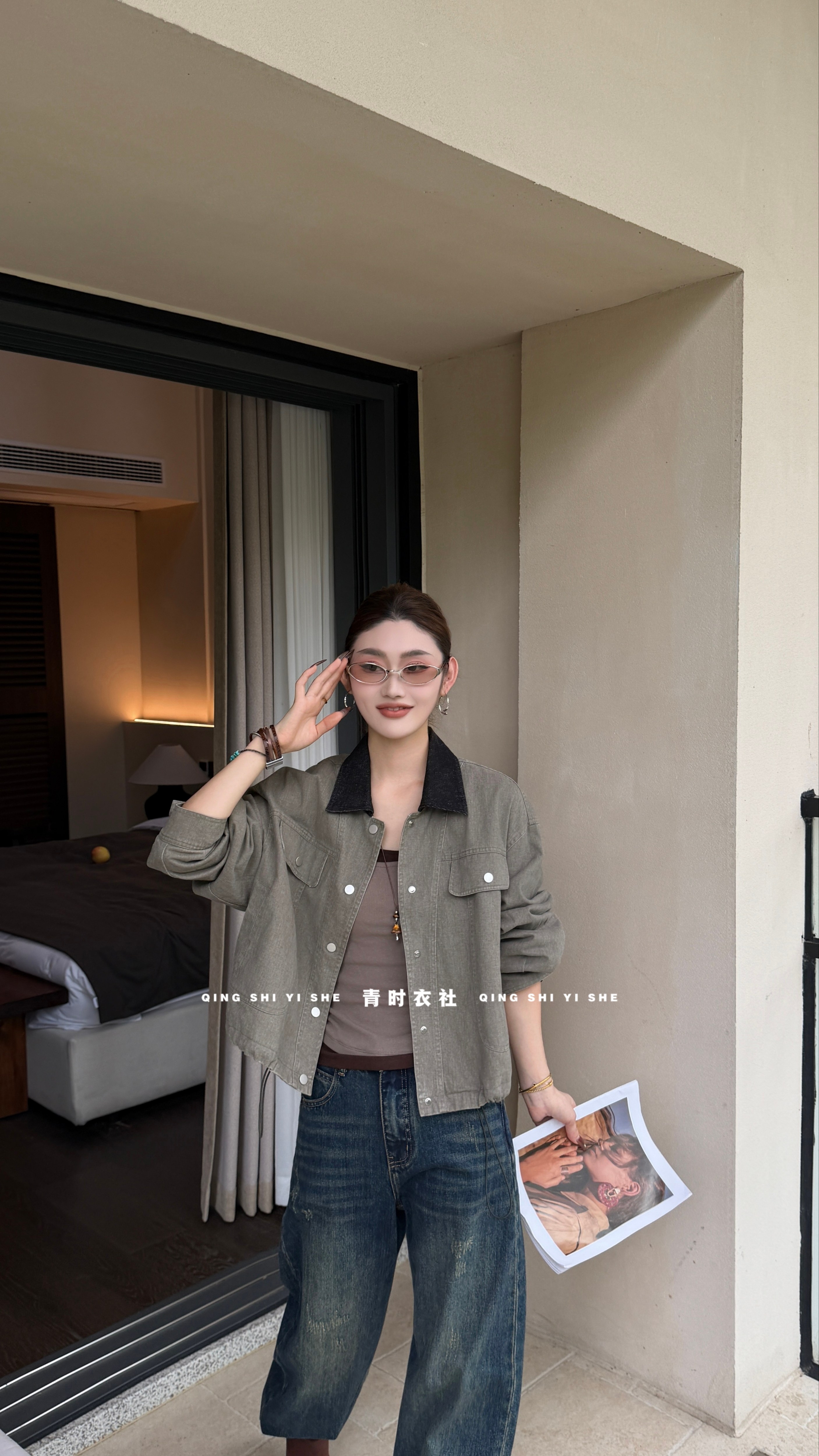 POLO领撞色短款牛仔外套女秋季