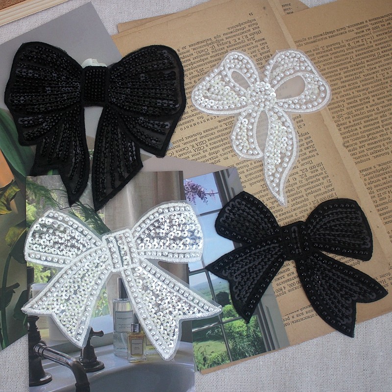 黑白亮片蝴蝶珠片单层蕾丝布贴 DIY手工欧根纱补丁服装装饰辅料