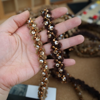 小香风咖啡色手工钉珠花边