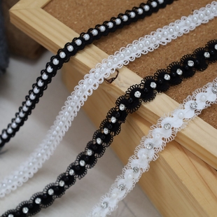饰缝纫辅料 黑白色微弹小花边珍珠小钻蕾丝 DIY服装 腰带袖 边衣领装