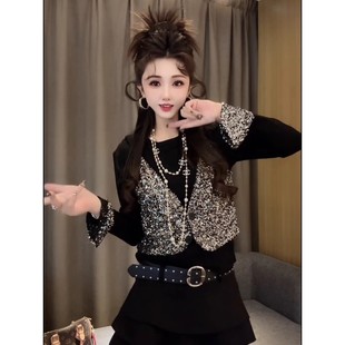 显瘦打底上衣潮 修身 洋气高级感重工亮片假两件长袖 T恤女春秋新款