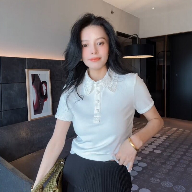 欧货高级感蕾丝翻领短袖T恤女夏图片