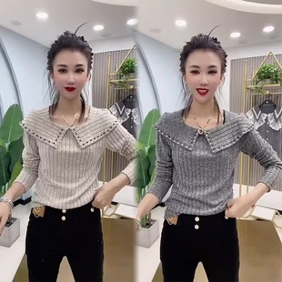 显瘦披肩领设计感百搭打底针织衫 2025春秋新款 上衣女洋气钉珠修身