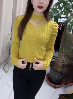 洋气镂空挂脖黄色T恤女2025年秋冬季新款设计感时尚小众百搭上衣