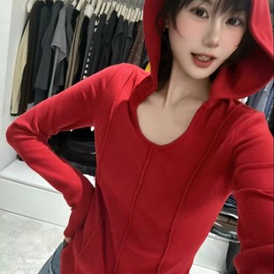 打底衫 2026春季 T恤女绝美巨好看 连帽半开领鱼骨线长袖 上衣 新款