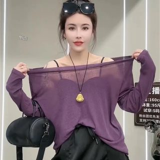 欧洲站一字领露肩微透网纱T恤女夏季新款气质薄款显瘦防晒衫上衣