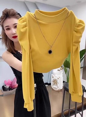 简约风黄色泡泡袖半高领T恤长袖女早秋季2025新款修身套头上衣潮