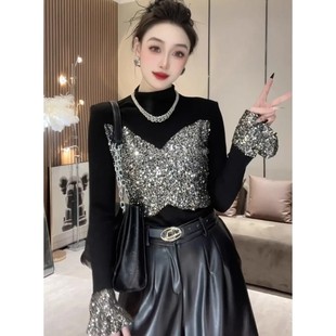 显瘦洋气上衣T恤潮 修身 欧货轻奢亮片假两件打底衫 女2025秋冬新款