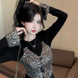 内搭 马甲上衣加绒打底衫 重工亮片假两件长袖 t恤女春秋高级感西装