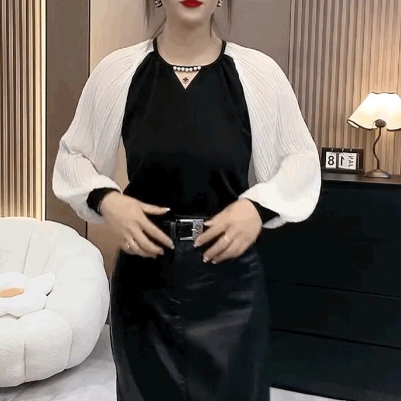 欧货小香风灯笼袖T恤女压褶雪纺拼接法式长袖圆领黑色上衣打底衫