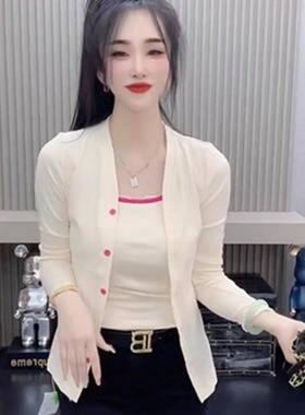 长袖针织开衫短外套女春夏秋季时尚修身背心吊带打底衫外搭两件套