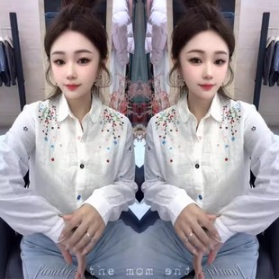 刺绣时尚 简约长袖 衬衫 百搭翻领撞色长袖 上衣潮 女春季 欧货洋气韩版