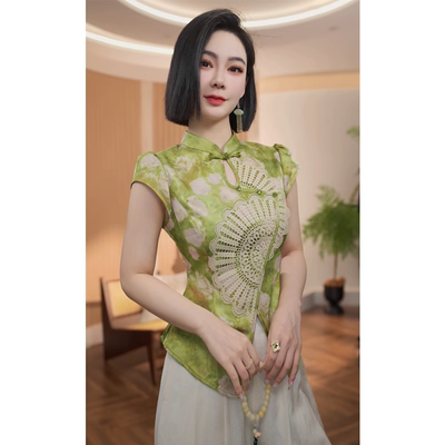 绿色新中式国风短袖上衣女