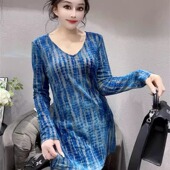 上衣 洋气百搭显瘦侧开叉长款 欧货植绒V领扎染印花长袖 T恤春秋新款