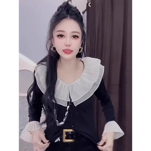 气质设计感洋气上衣 T恤女2025秋冬爆款 法式 风撞色拼接荷叶边长袖