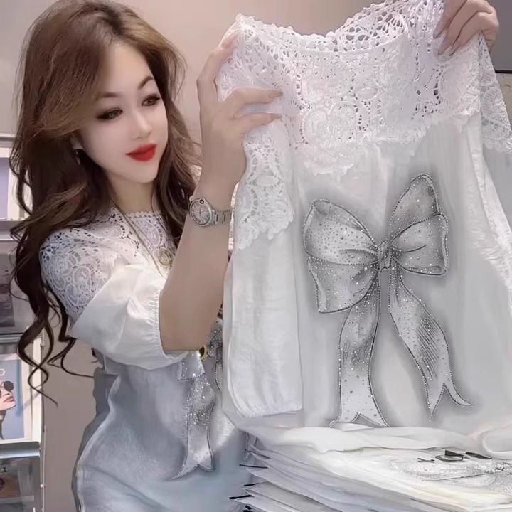 重工烫钻白色蝴蝶结蕾丝拼接冰丝棉短袖衬衫女夏季高级感遮肉小衫