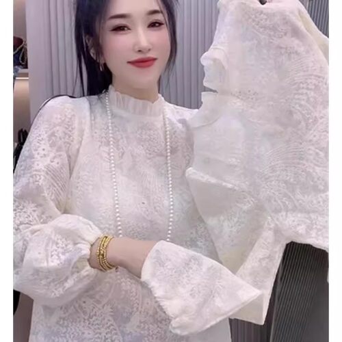 欧洲站洋气时髦提花半高领蕾丝衫
