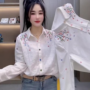 衬衫 刺绣碎花翻领长袖 女宽松显瘦洋气百搭彩色扣衬衣 新款 2026春季