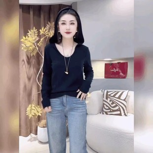 打底衫 轻奢小香风简约连帽T恤小衫 时尚 V领网红黑色上衣修身 女法式