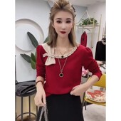 打底衫 韩版 上衣 新款 修身 百搭斜肩蝴蝶结长袖 T恤女2026年春秋季