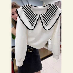 秋冬欧货高端时尚 洋气松弛感上衣独特漂亮超好看白色娃娃领卫衣女