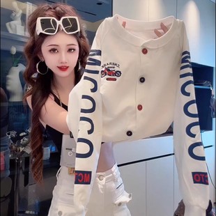 百搭上衣 短外套女宽松休闲时尚 欧货秋冬字母印花彩色纽扣长袖 开衫