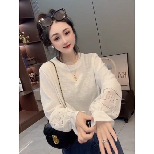 秋季韩版圆领钩花镂空长袖T恤女